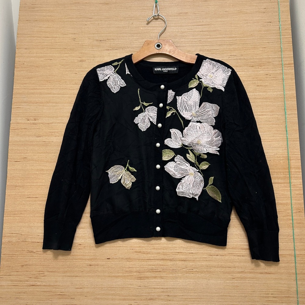 Karl Lagerfeld Paris Black Floral Embroidered Pearl Button Cardigan Sweater